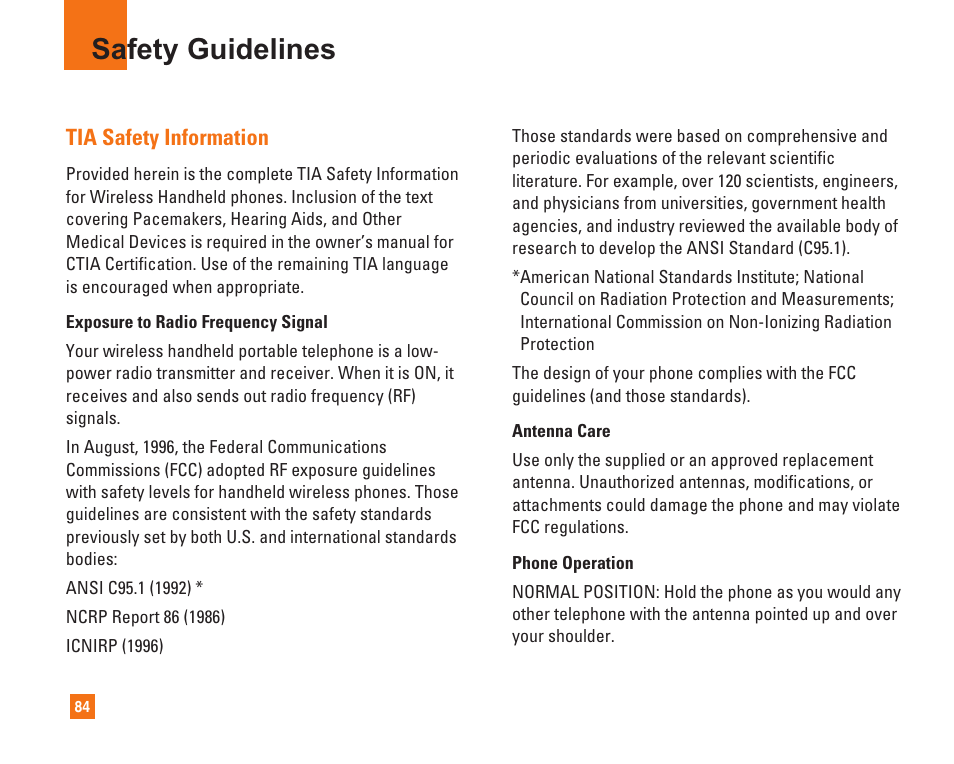Safety guidelines, Tia safety information | LG L1400i User Manual | Page 84 / 102