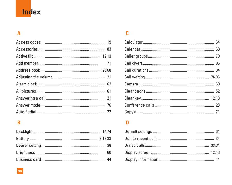 Index | LG L1400i User Manual | Page 98 / 102