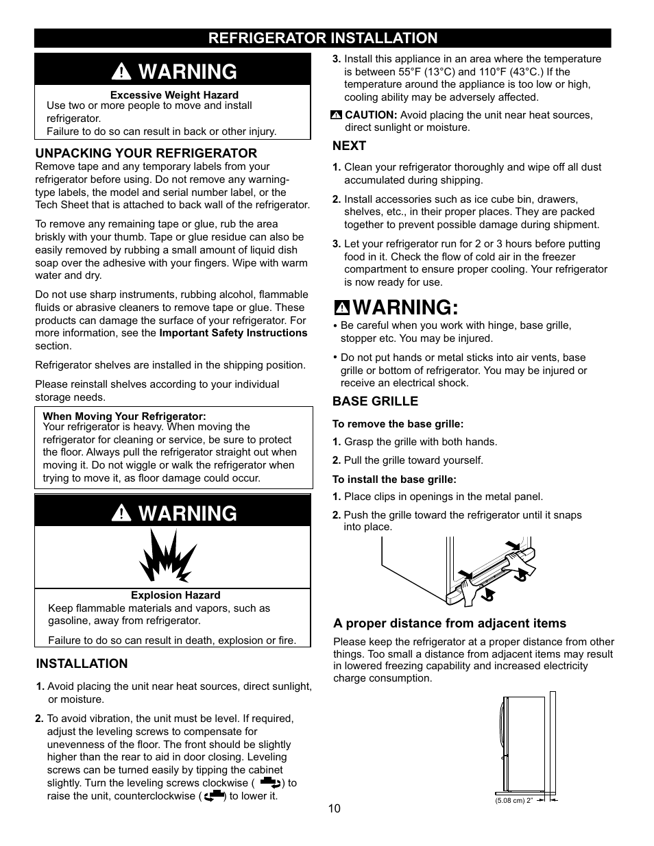 Warning, Refrigerator installation | LG LBC22520TT User Manual | Page 10 / 36