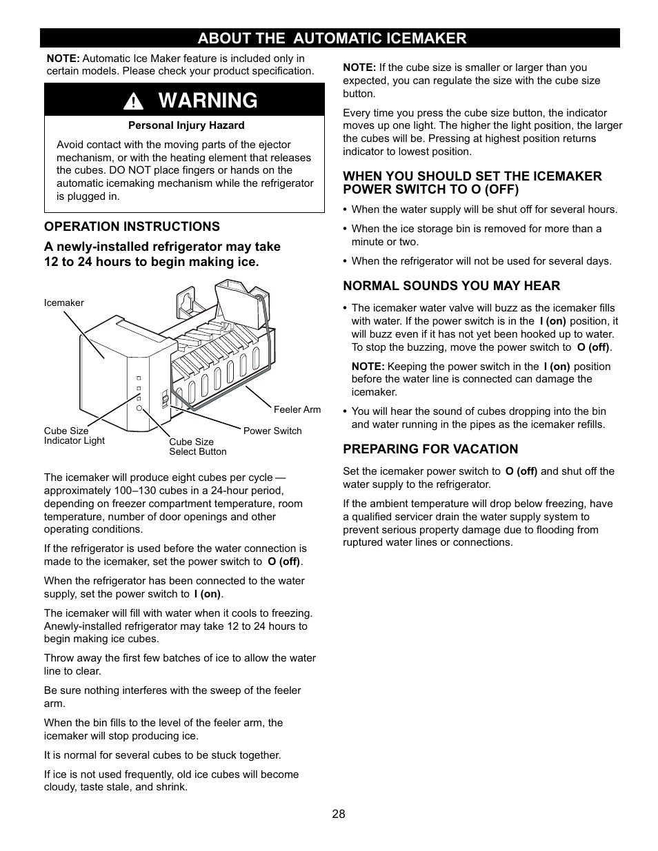 Warning, About the automatic icemaker | LG LBC22520TT User Manual | Page 28 / 36