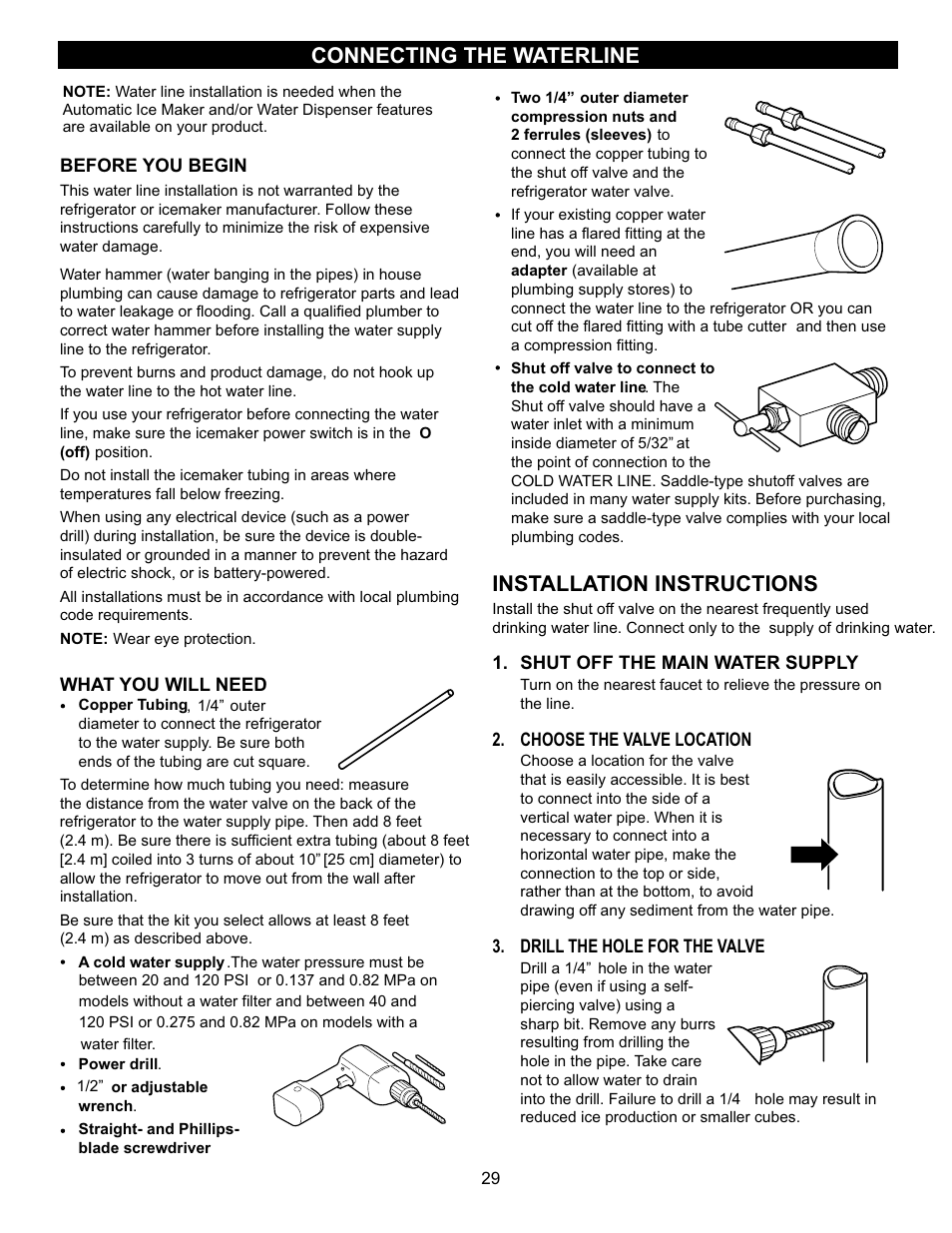 Installation instructions, Connecting the waterline | LG LBC22520TT User Manual | Page 29 / 36