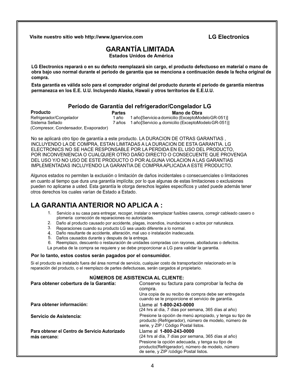 Garantía limitada, La garantia anterior no aplica a | LG LBC22520TT User Manual | Page 4 / 36