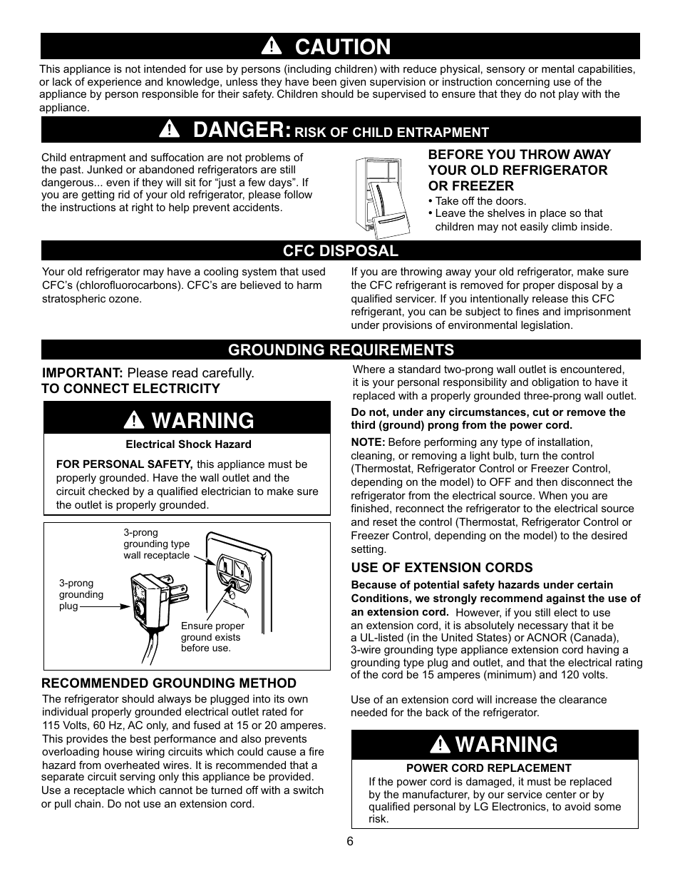 Danger, Warning, Caution | Cfc disposal grounding requirements | LG LBC22520TT User Manual | Page 6 / 36