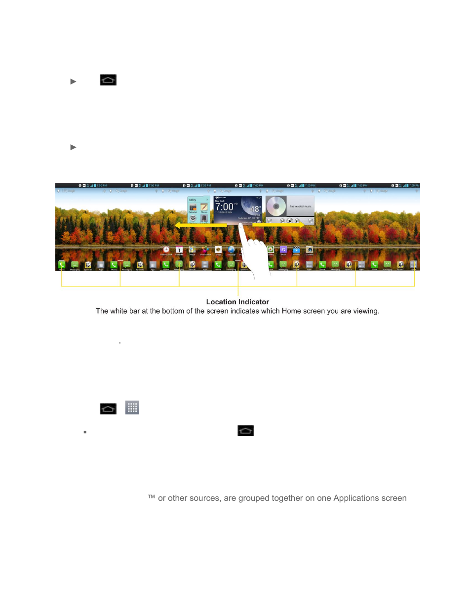 Extended home screens, Use the applications key, Applications: how to view, open and switch | LG LGLS860 User Manual | Page 34 / 196