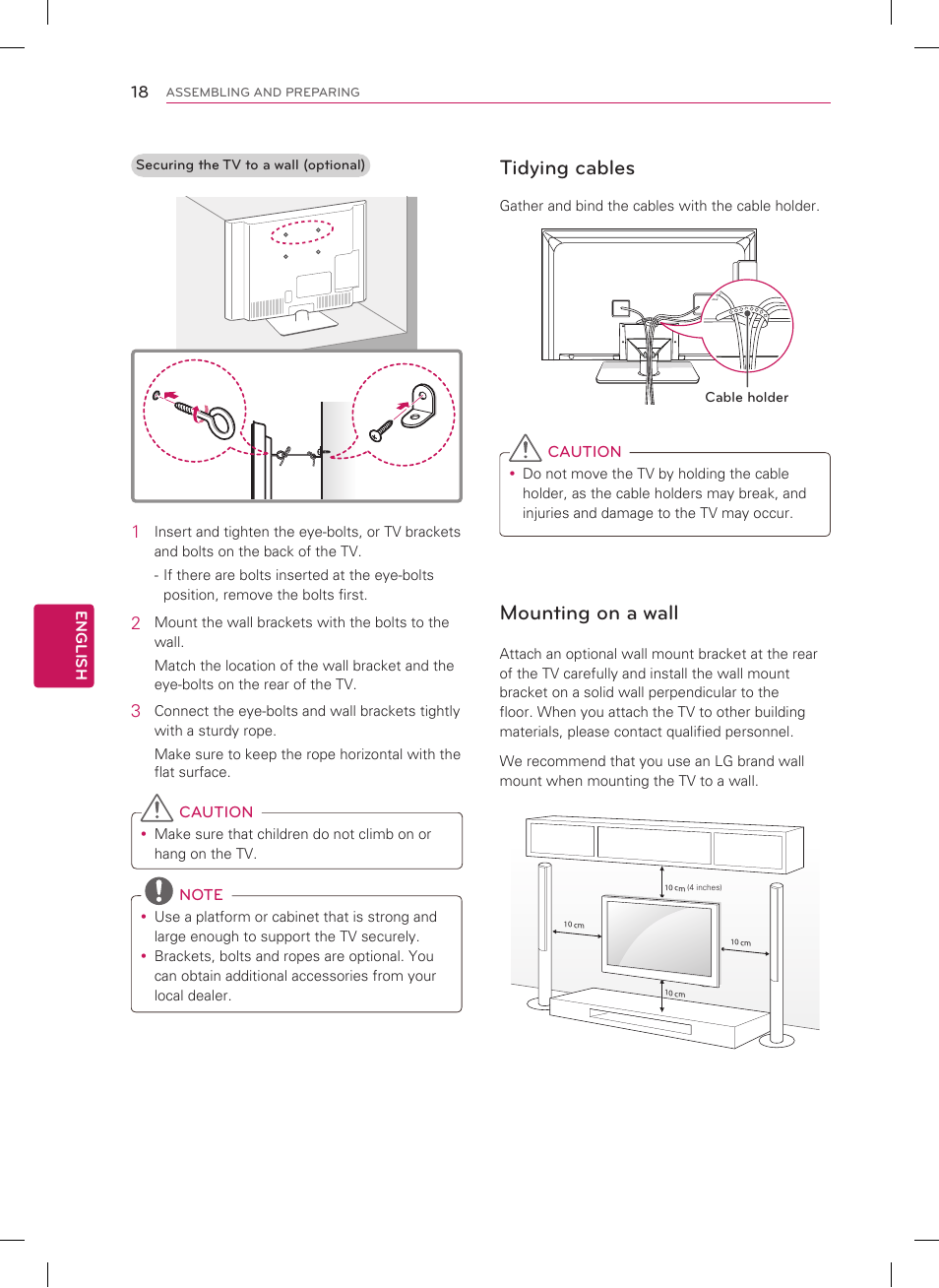 Tidying cables, Mounting on a wall | LG 42LS5700 User Manual | Page 20 / 42