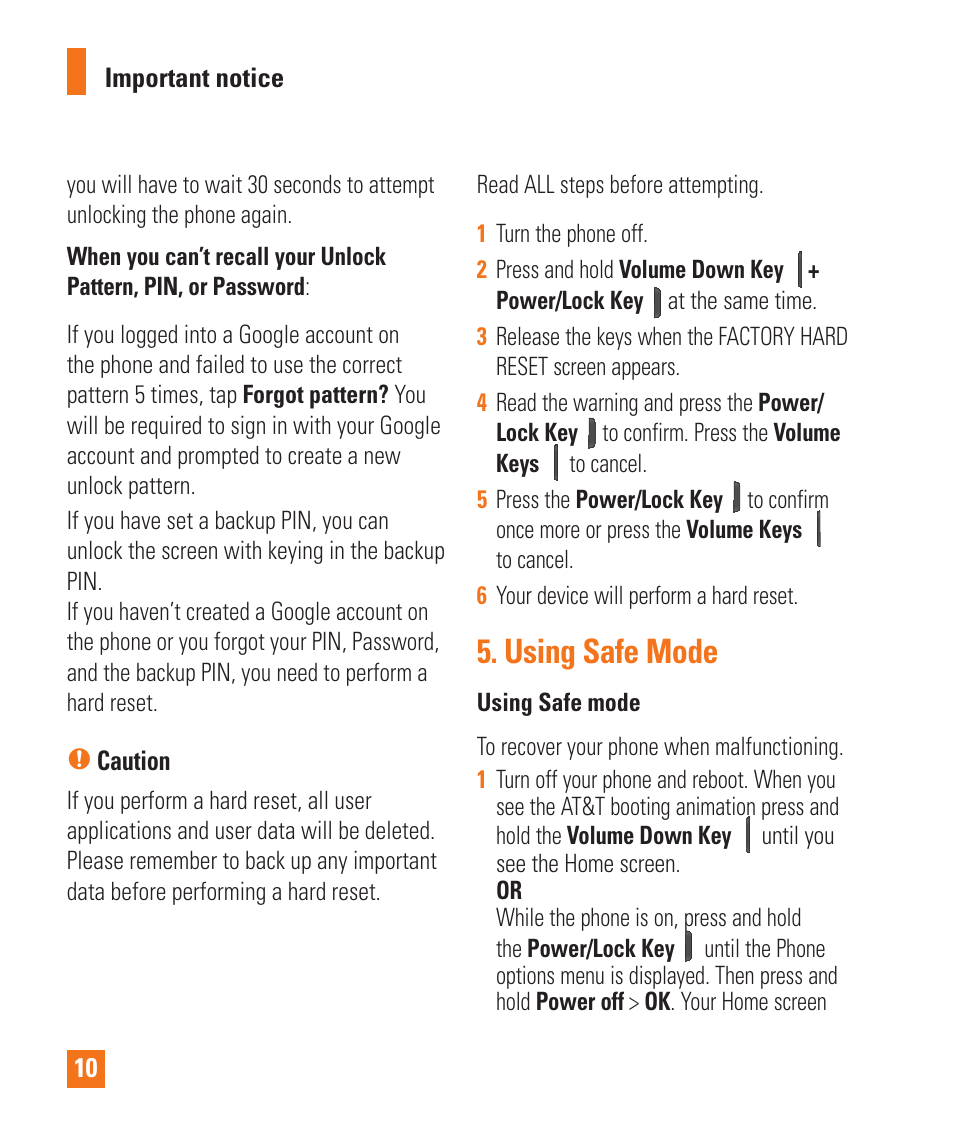Using safe mode | LG E980 User Manual | Page 10 / 122
