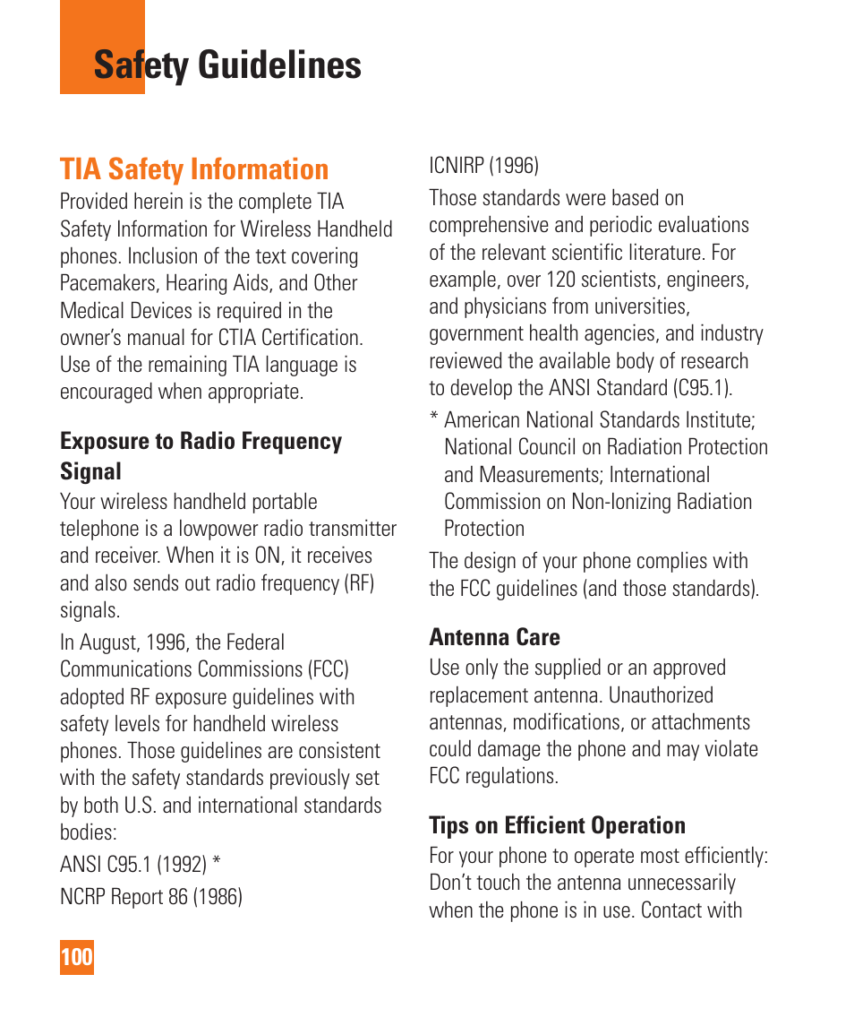 Safety guidelines, Tia safety information | LG E980 User Manual | Page 100 / 122