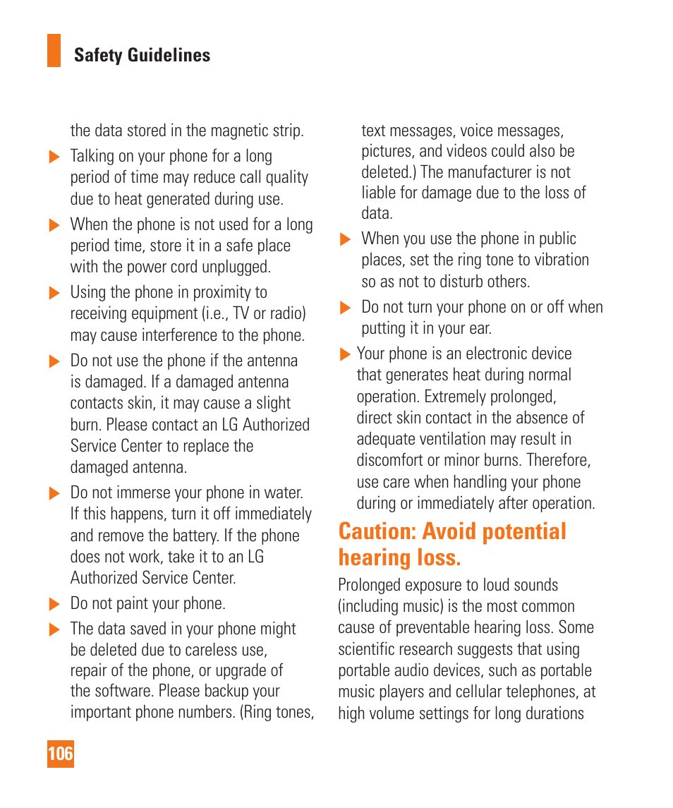 Caution: avoid potential hearing loss | LG E980 User Manual | Page 106 / 122