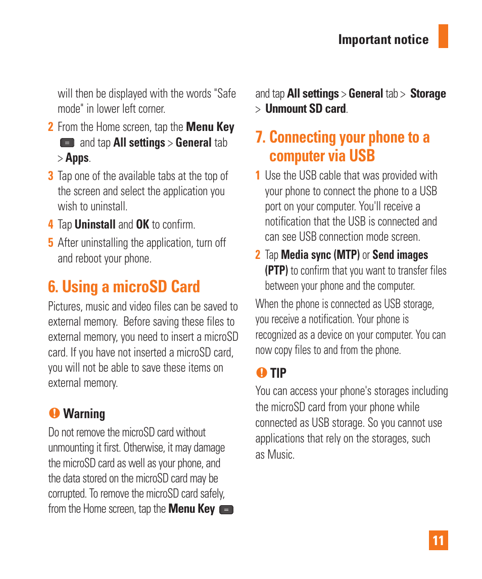 Using a microsd card, Connecting your phone to a computer via usb | LG E980 User Manual | Page 11 / 122