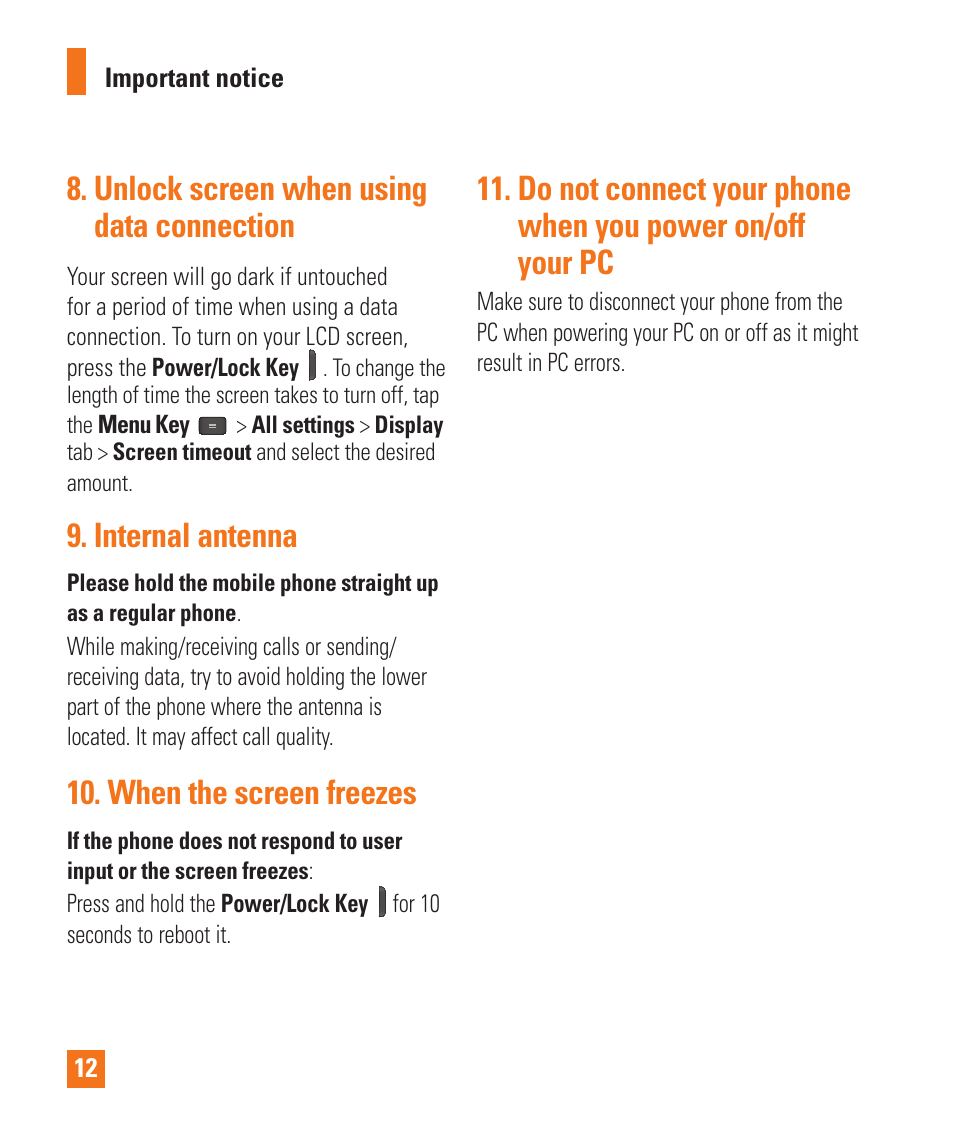 Unlock screen when using data connection, Internal antenna, When the screen freezes | LG E980 User Manual | Page 12 / 122