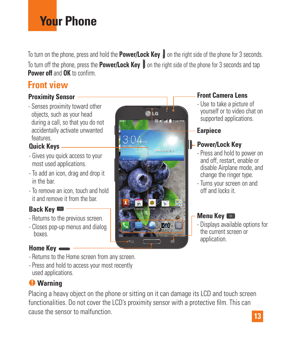 Your phone, Front view | LG E980 User Manual | Page 13 / 122