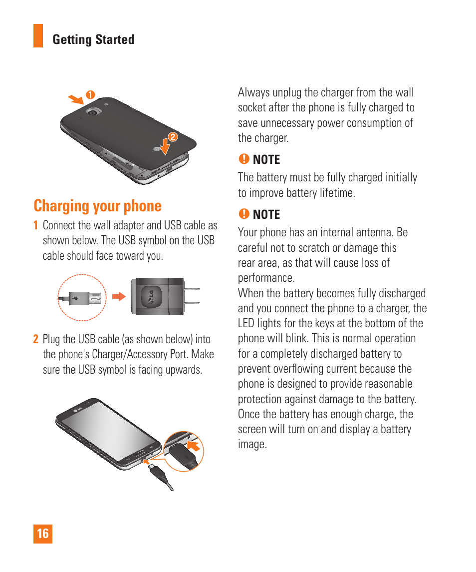 Charging your phone | LG E980 User Manual | Page 16 / 122