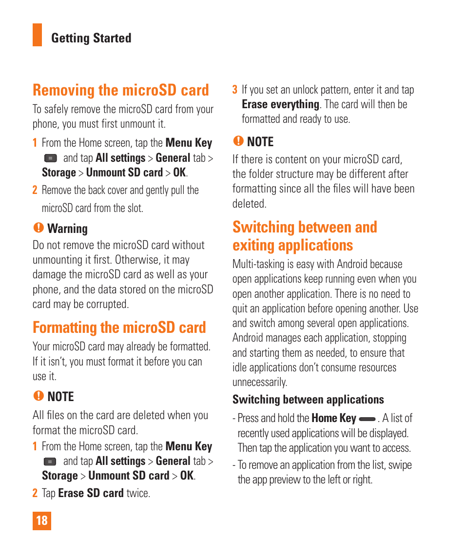 Removing the microsd card, Formatting the microsd card, Switching between and exiting applications | LG E980 User Manual | Page 18 / 122