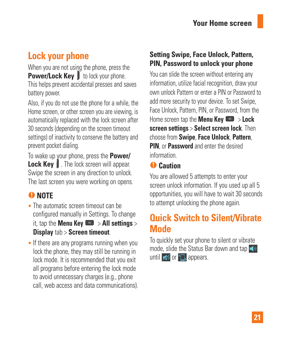 Lock your phone, Quick switch to silent/vibrate mode | LG E980 User Manual | Page 21 / 122