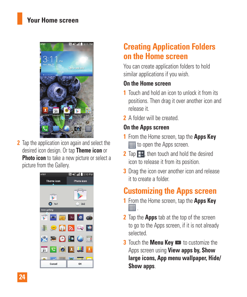 Creating application folders on the home screen, Customizing the apps screen | LG E980 User Manual | Page 24 / 122