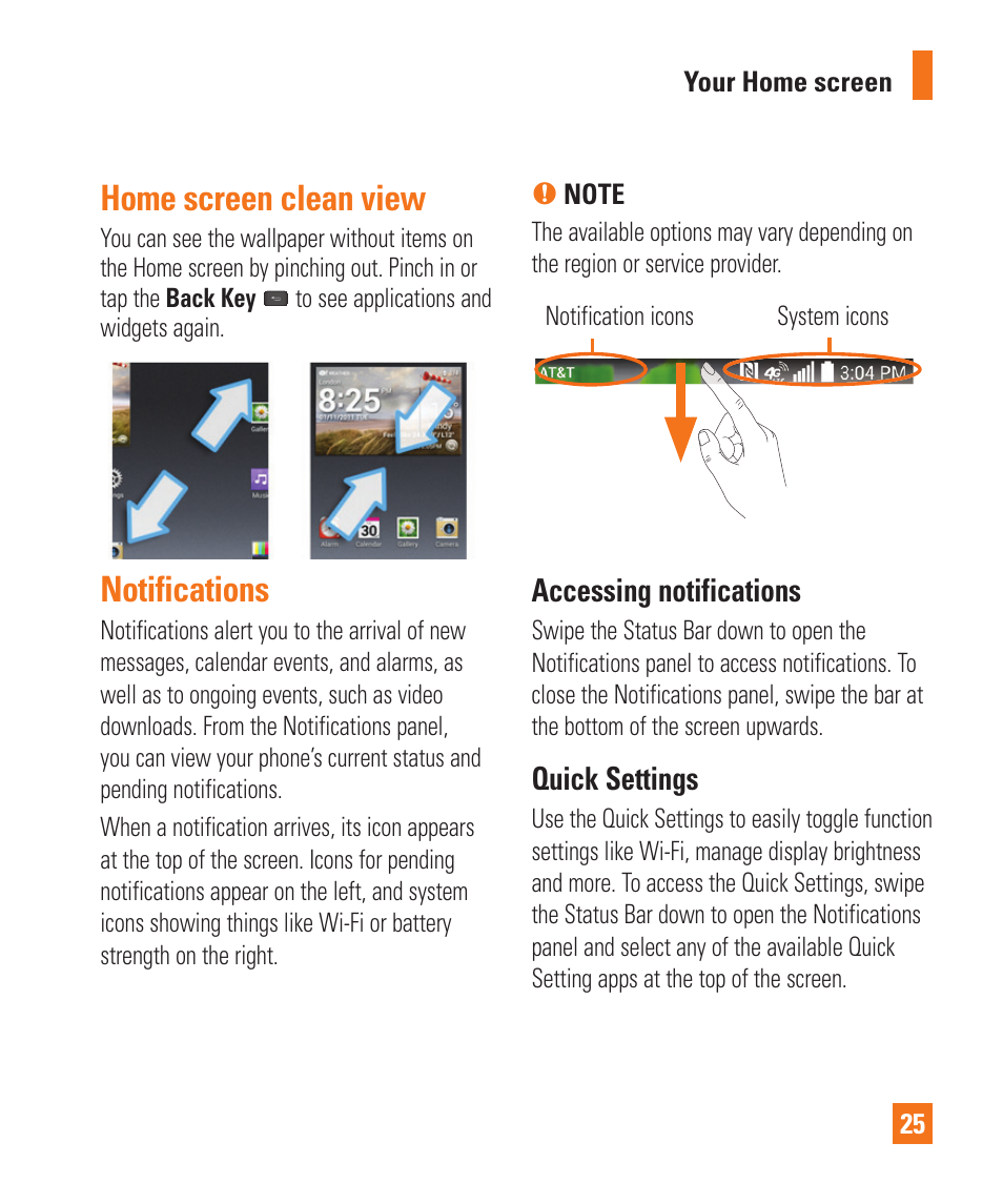 Home screen clean view, Notifications, Home screen clean view notiﬁcations | LG E980 User Manual | Page 25 / 122