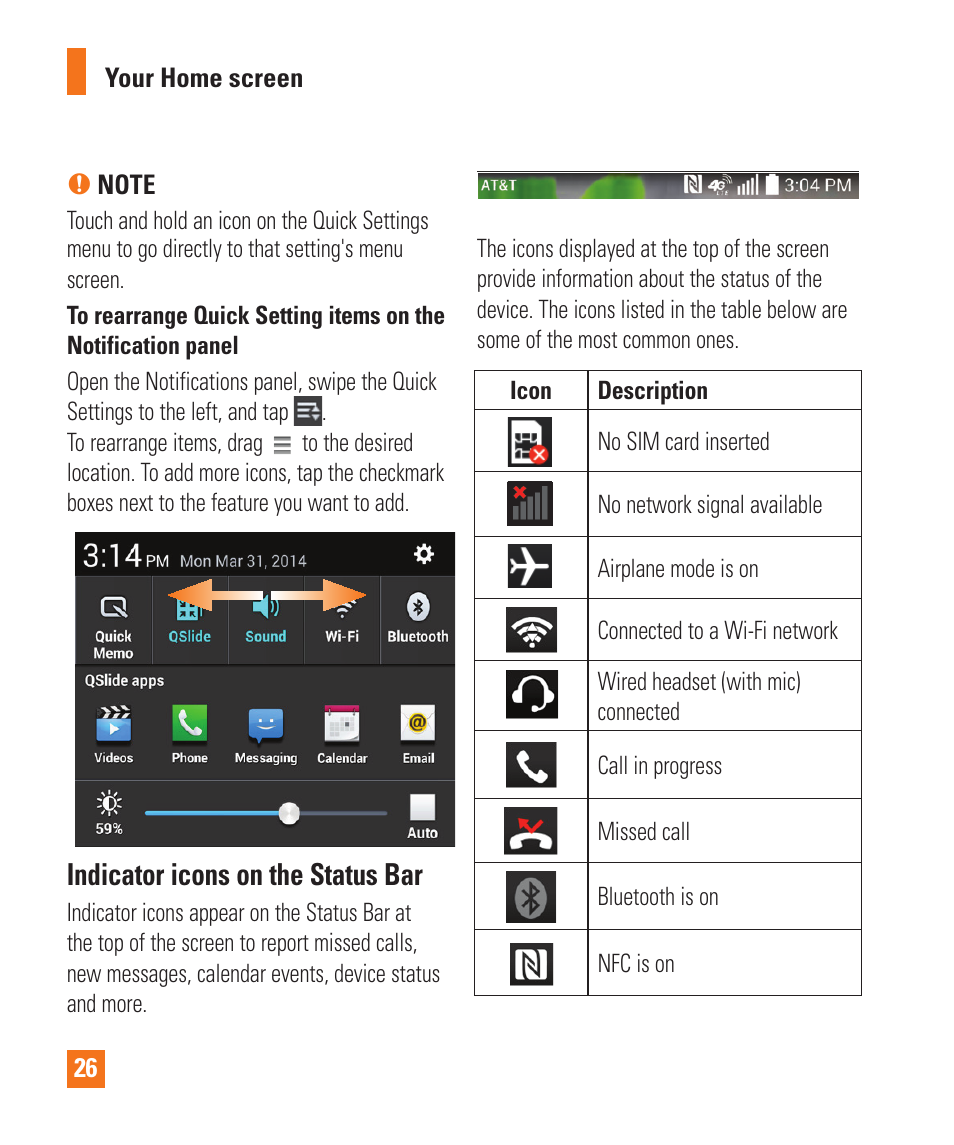 Indicator icons on the status bar | LG E980 User Manual | Page 26 / 122