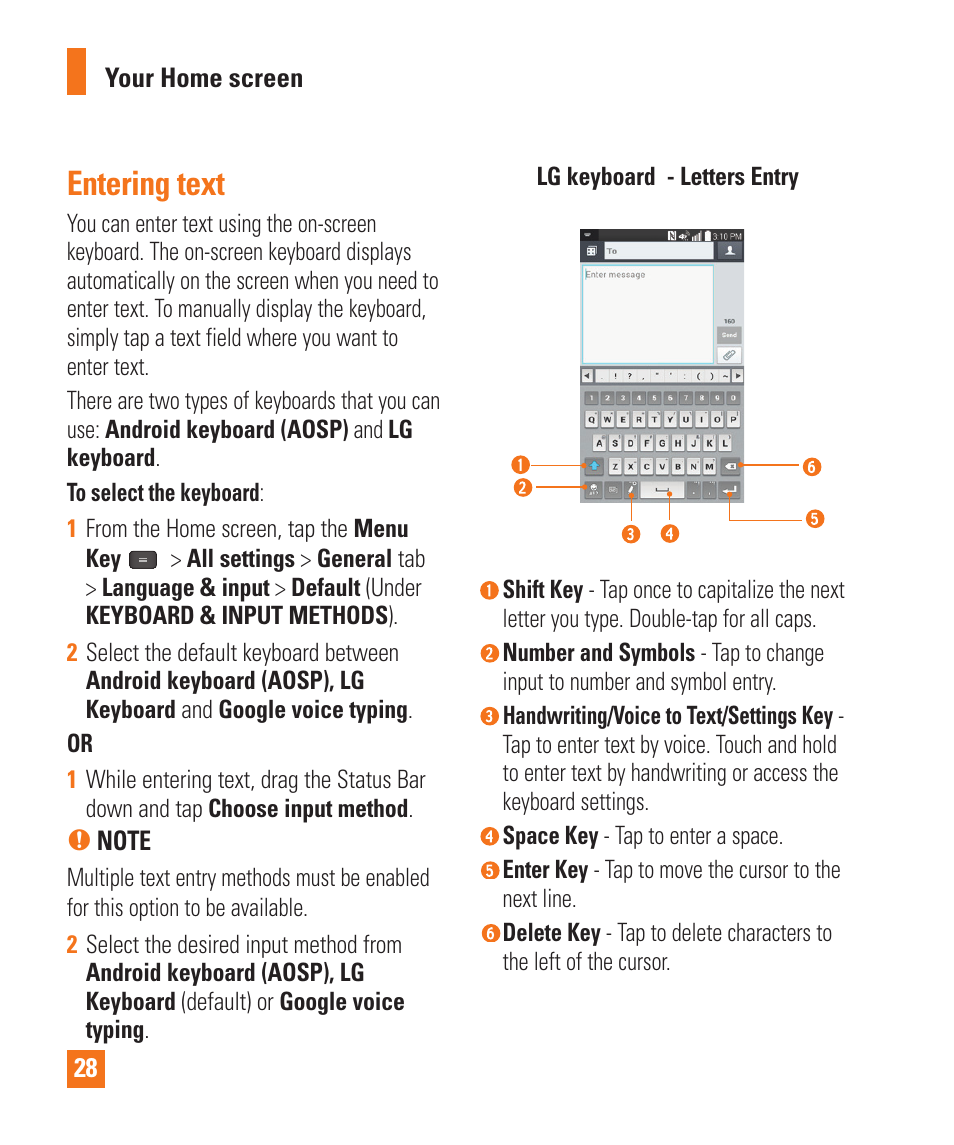 Entering text | LG E980 User Manual | Page 28 / 122