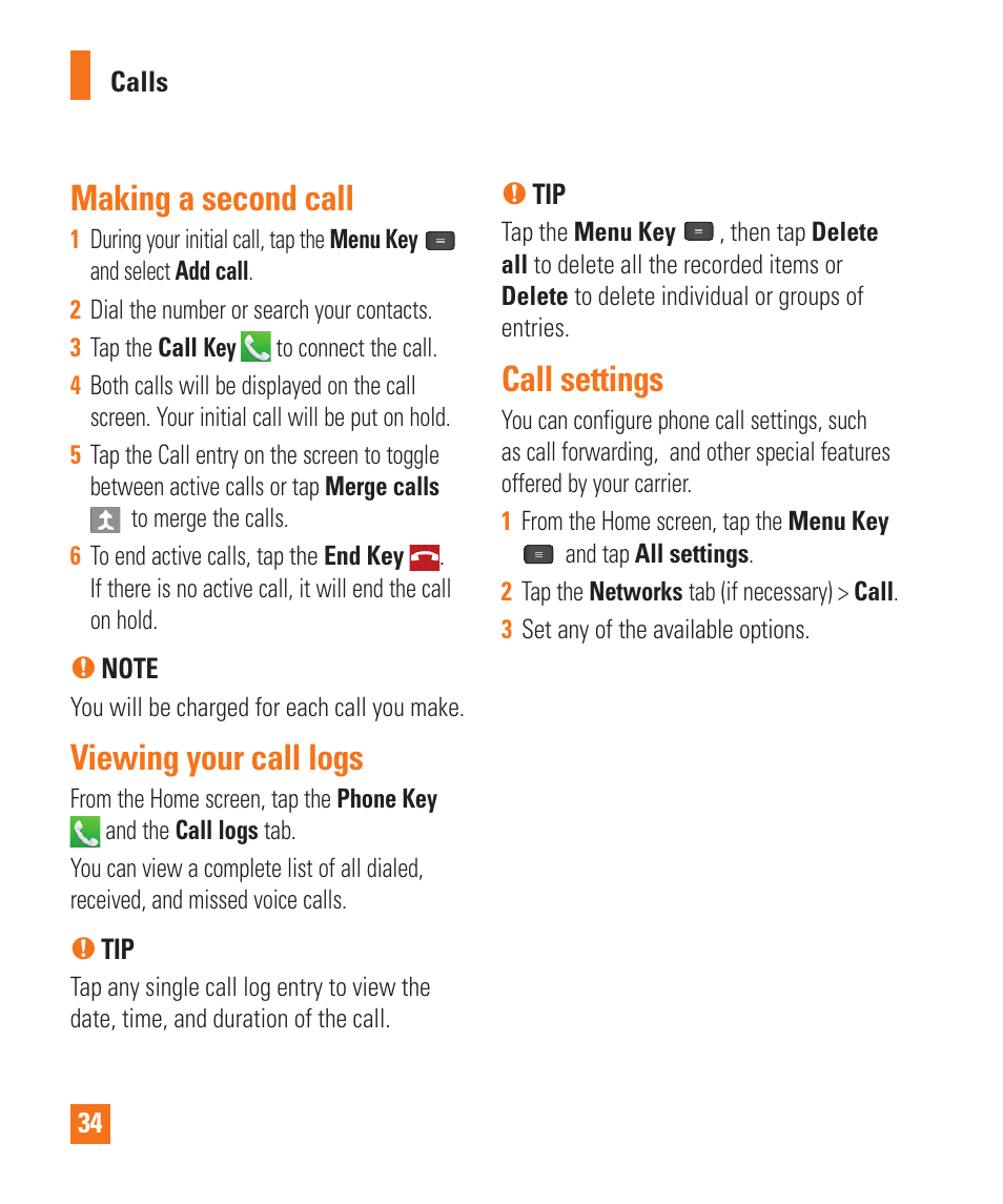 Making a second call, Viewing your call logs, Call settings | LG E980 User Manual | Page 34 / 122