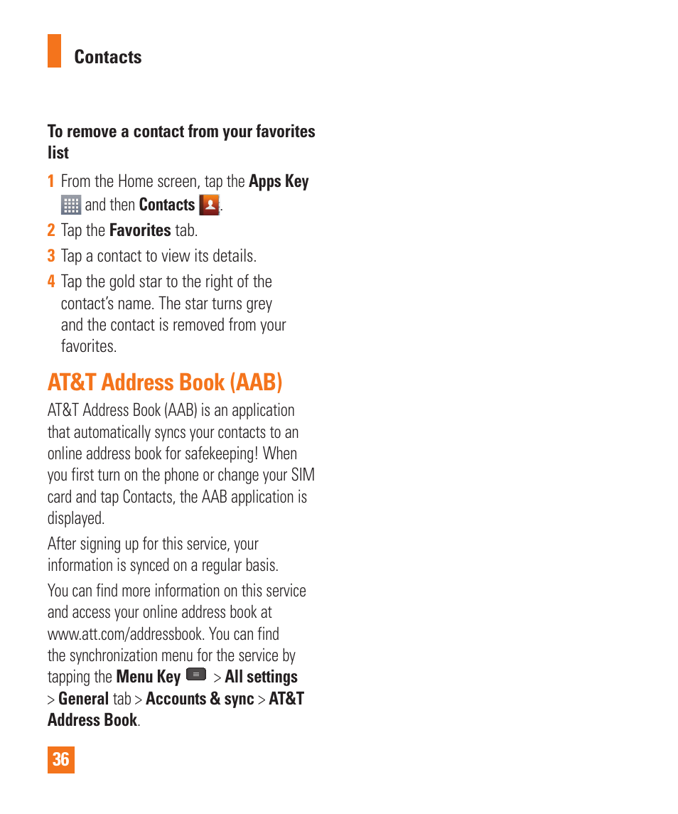 At&t address book (aab) | LG E980 User Manual | Page 36 / 122