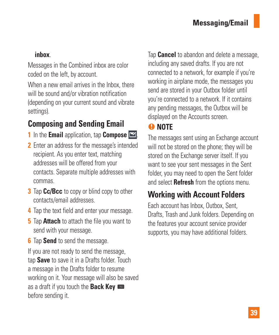 Composing and sending email, Working with account folders | LG E980 User Manual | Page 39 / 122