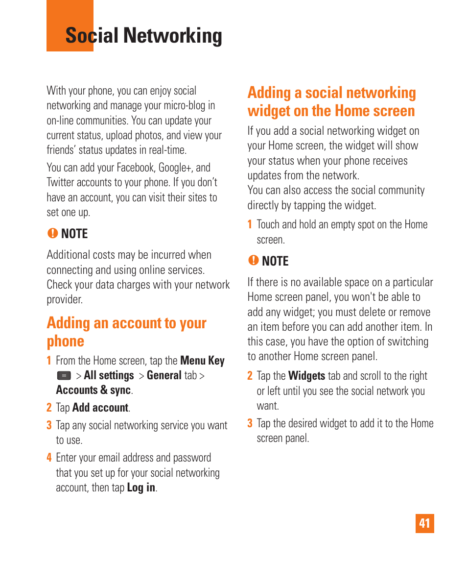 Social networking, Adding an account to your phone | LG E980 User Manual | Page 41 / 122