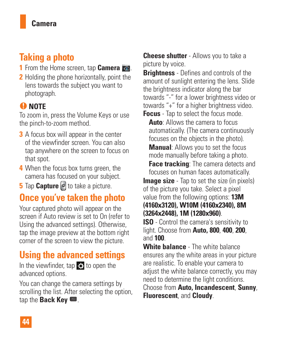 Taking a photo, Once you’ve taken the photo, Using the advanced settings | LG E980 User Manual | Page 44 / 122