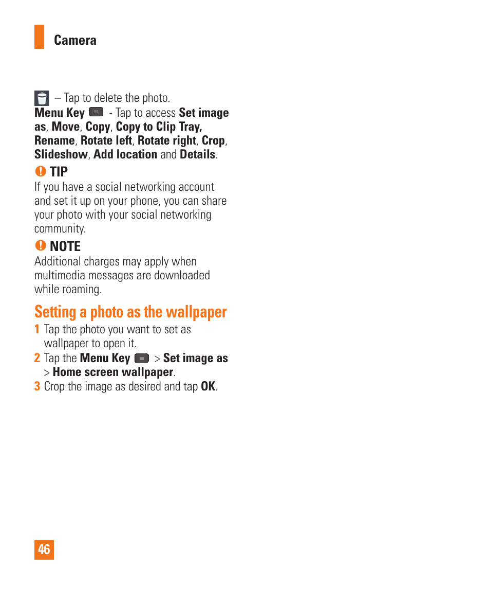 Setting a photo as the wallpaper | LG E980 User Manual | Page 46 / 122
