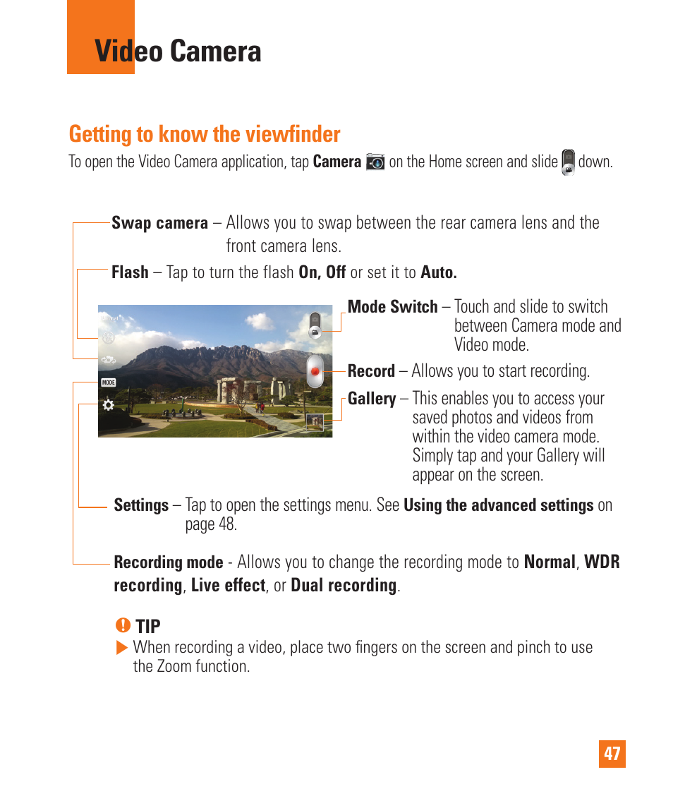 Video camera, Video camera getting to know the viewﬁnder, Getting to know the viewfinder | LG E980 User Manual | Page 47 / 122