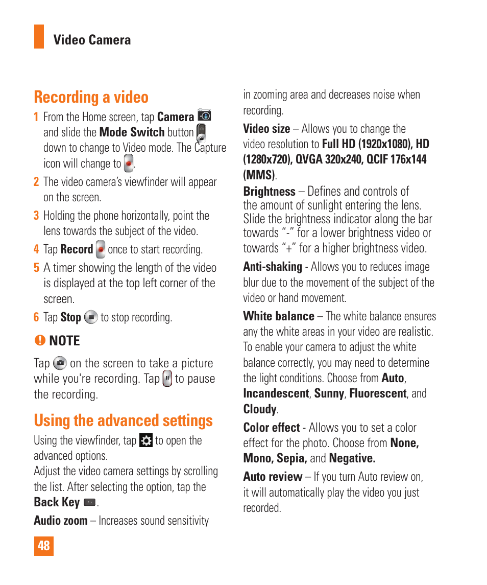 Recording a video, Using the advanced settings, Recording a video using the advanced settings | LG E980 User Manual | Page 48 / 122