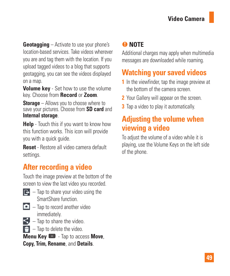 After recording a video, Watching your saved videos, Adjusting the volume when viewing a video | LG E980 User Manual | Page 49 / 122