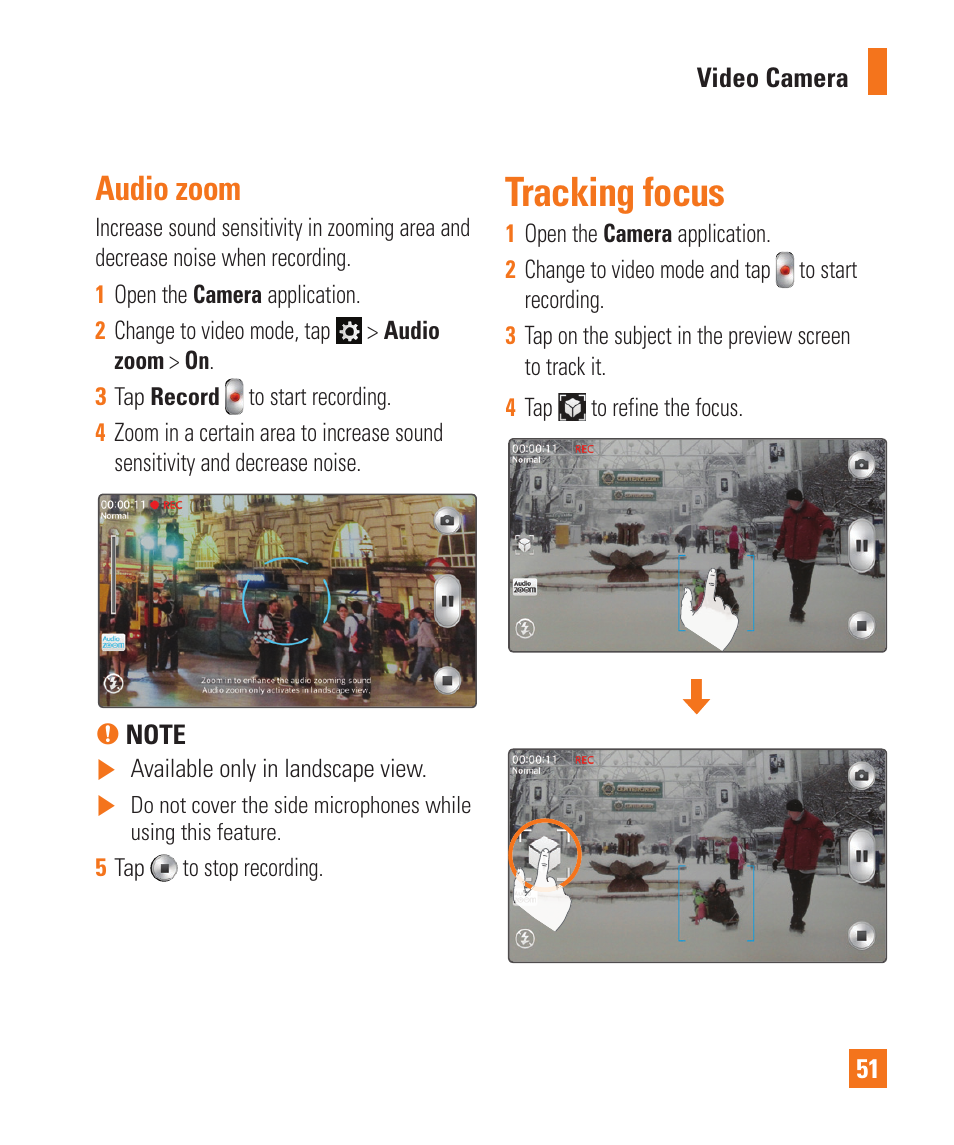 Audio zoom, Tracking focus, Audio zoom tracking focus | LG E980 User Manual | Page 51 / 122