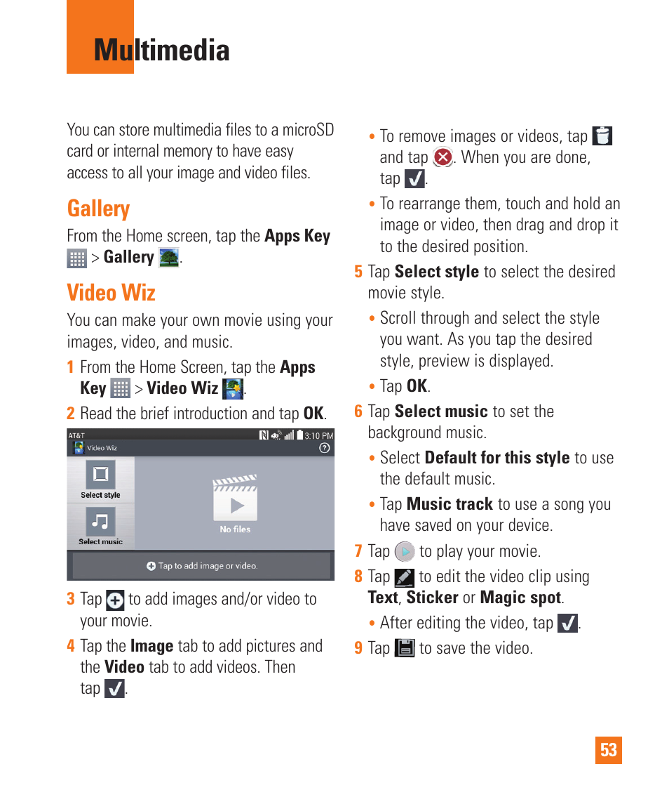 Multimedia, Multimedia gallery video wiz, Gallery | Video wiz | LG E980 User Manual | Page 53 / 122