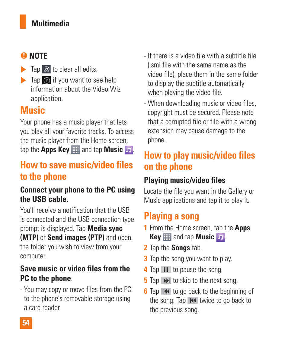 How to save music/video files to the phone, How to play music/video files on the phone, Playing a song | Music | LG E980 User Manual | Page 54 / 122