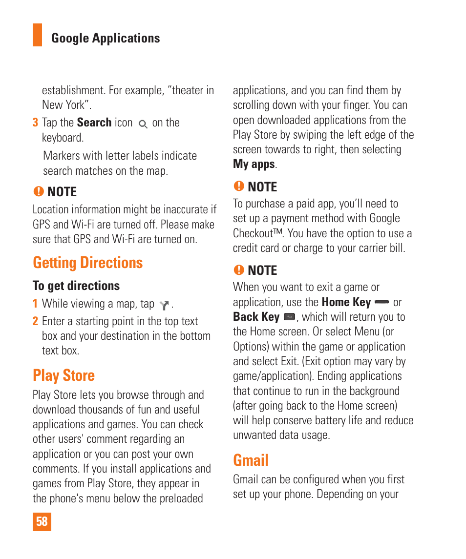 Getting directions, Play store, Gmail | Getting directions play store gmail | LG E980 User Manual | Page 58 / 122