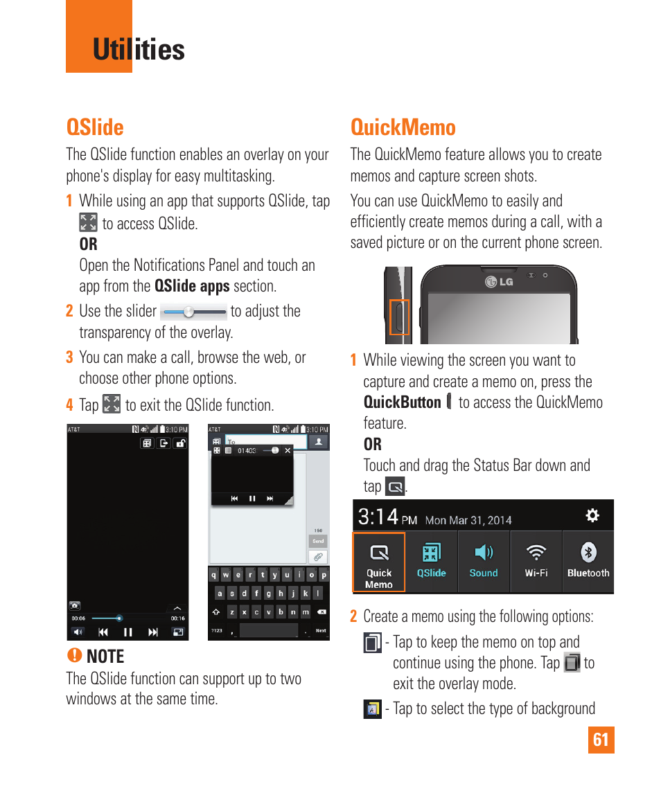 Utilities, Utilities qslide quickmemo, Qslide | LG E980 User Manual | Page 61 / 122