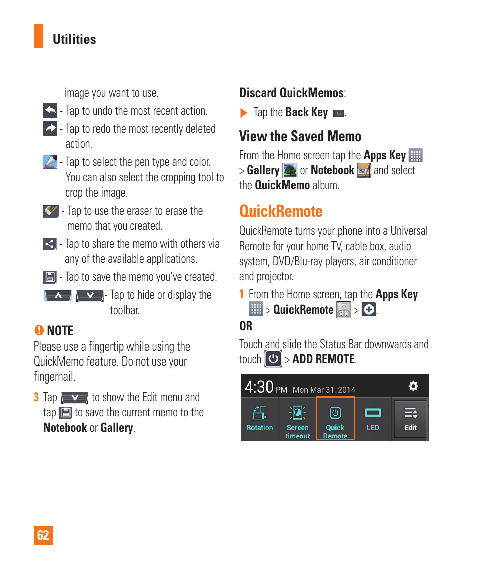 Quickremote | LG E980 User Manual | Page 62 / 122