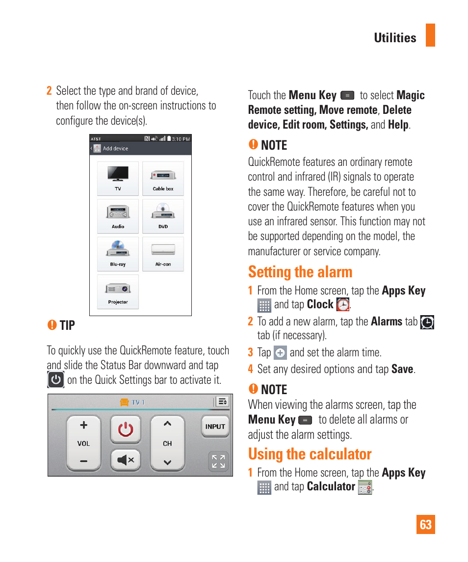 Setting the alarm, Using the calculator, Setting the alarm using the calculator | LG E980 User Manual | Page 63 / 122