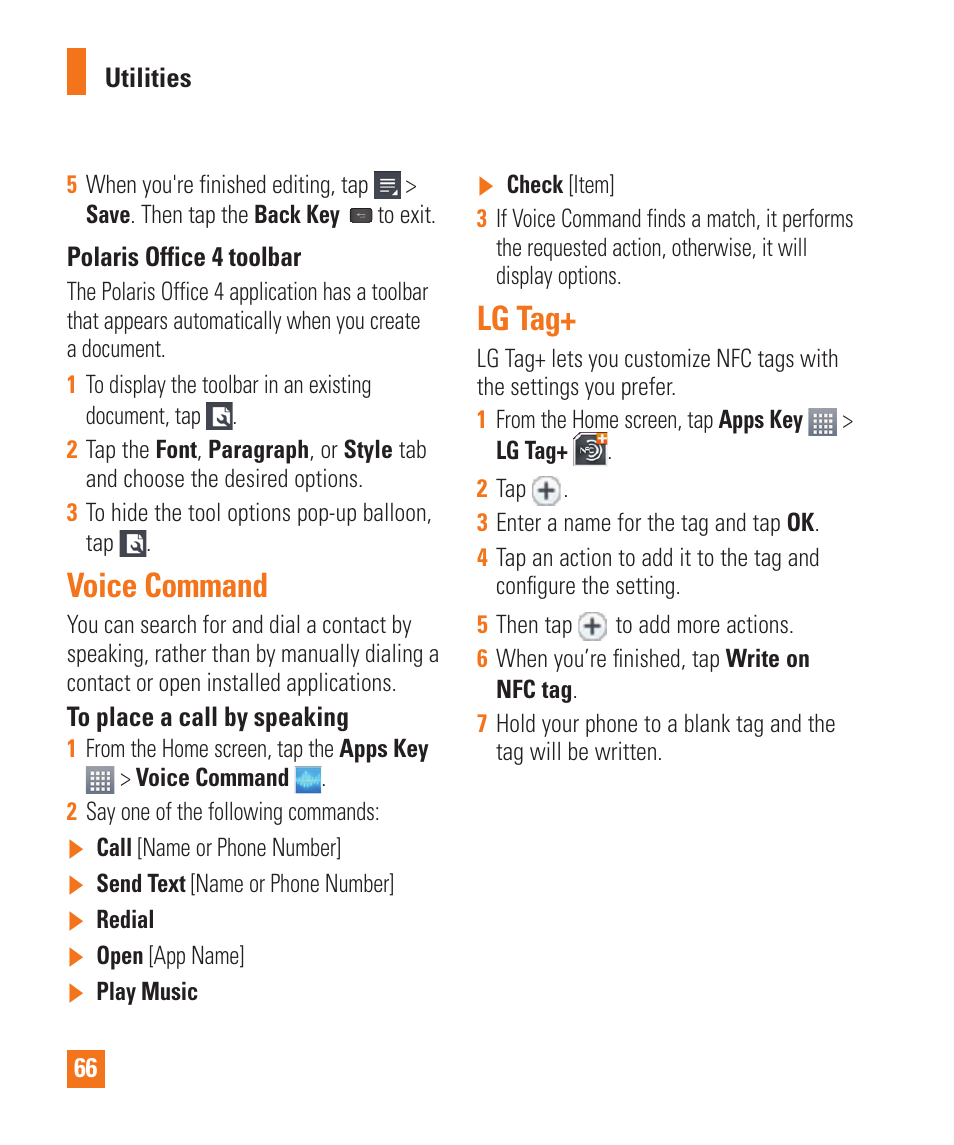 Voice command, Lg tag, Voice command lg tag | LG E980 User Manual | Page 66 / 122