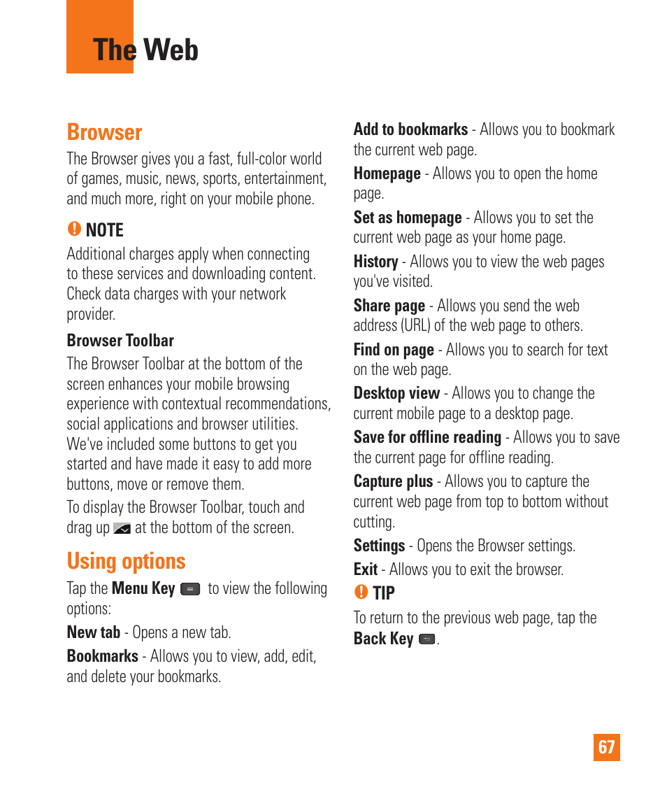 The web, The web browser using options, Browser | Using options | LG E980 User Manual | Page 67 / 122