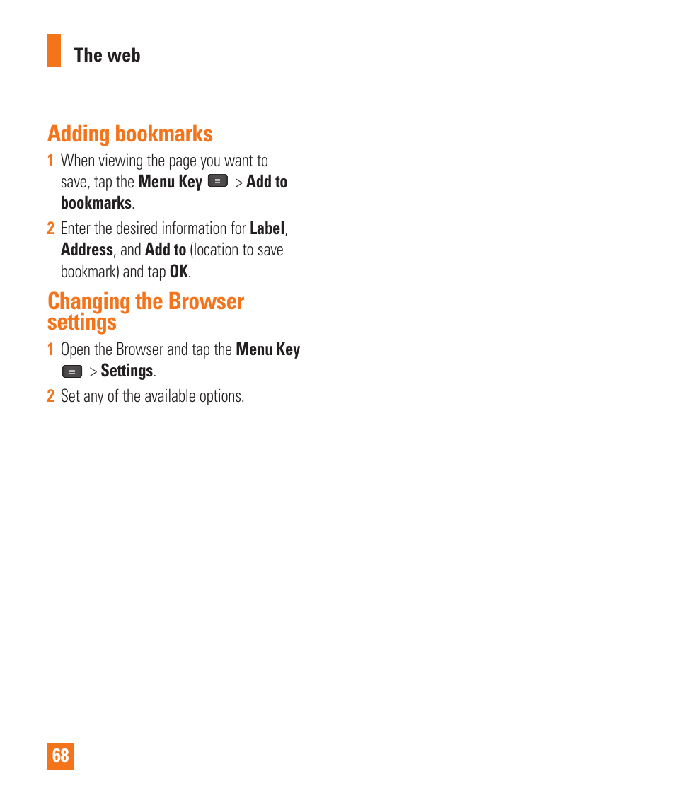 Adding bookmarks, Changing the browser settings, Adding bookmarks changing the browser settings | LG E980 User Manual | Page 68 / 122