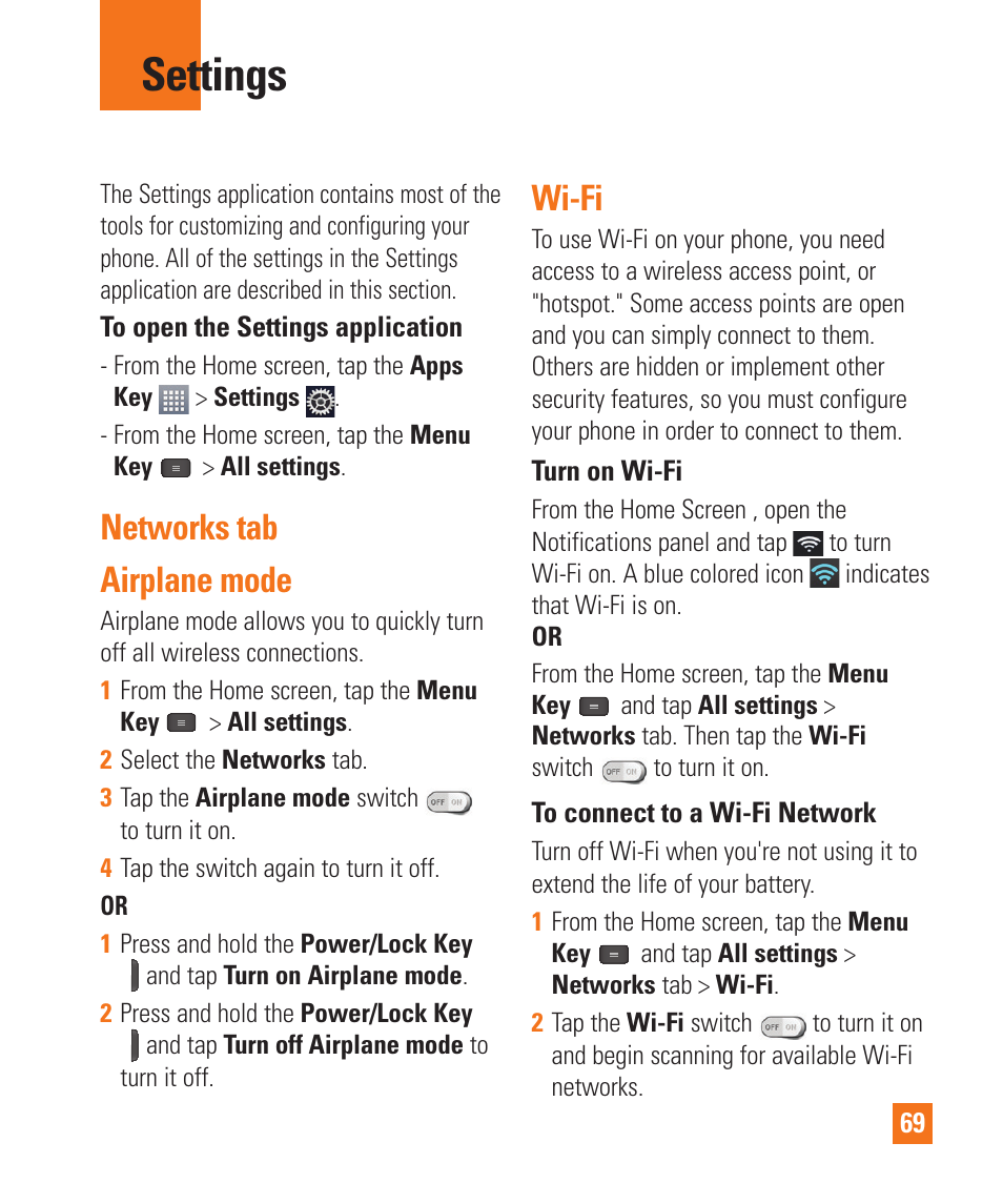 Settings, Settings networks tab airplane mode wi-fi, Networks tab airplane mode | Wi-fi | LG E980 User Manual | Page 69 / 122