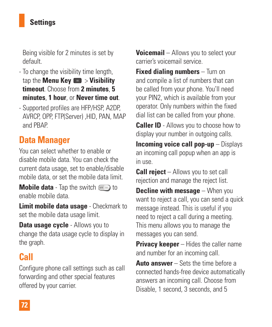 Data manager, Call, Data manager call | LG E980 User Manual | Page 72 / 122