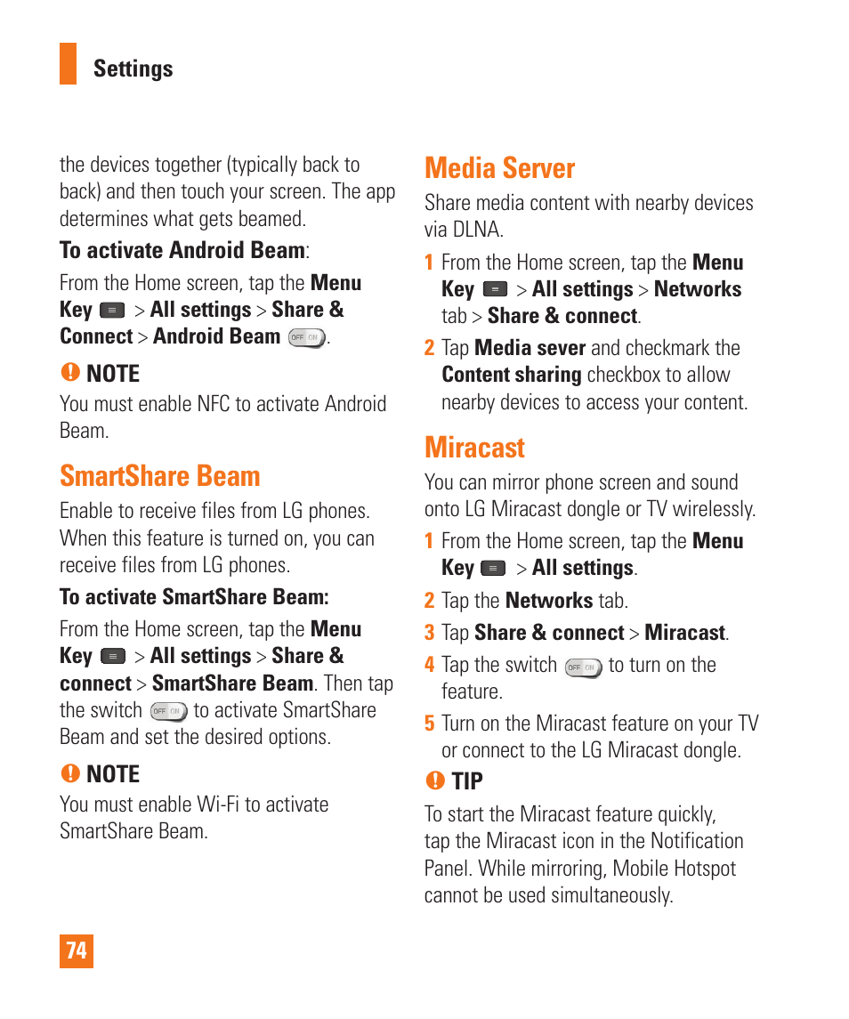 Smartshare beam, Media server, Miracast | Smartshare beam media server miracast | LG E980 User Manual | Page 74 / 122