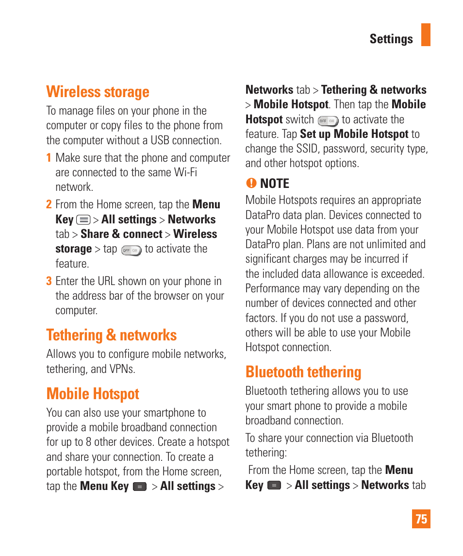 Wireless storage, Tethering & networks, Mobile hotspot | Bluetooth tethering | LG E980 User Manual | Page 75 / 122