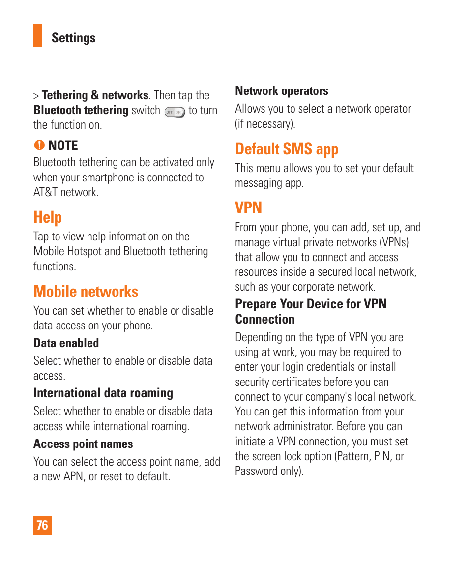 Help, Mobile networks, Default sms app | Help mobile networks default sms app vpn | LG E980 User Manual | Page 76 / 122