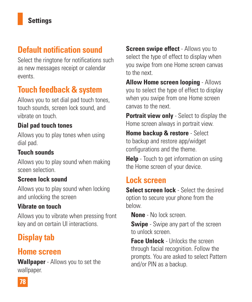 Default notification sound, Touch feedback & system, Display tab | Home screen, Lock screen, Display tab home screen | LG E980 User Manual | Page 78 / 122