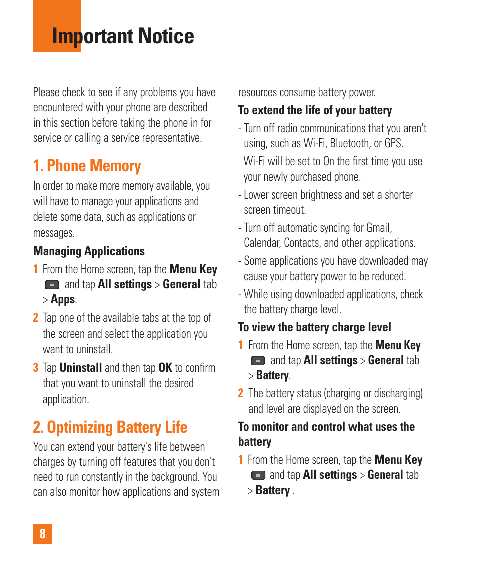 Important notice, Optimizing battery life | LG E980 User Manual | Page 8 / 122