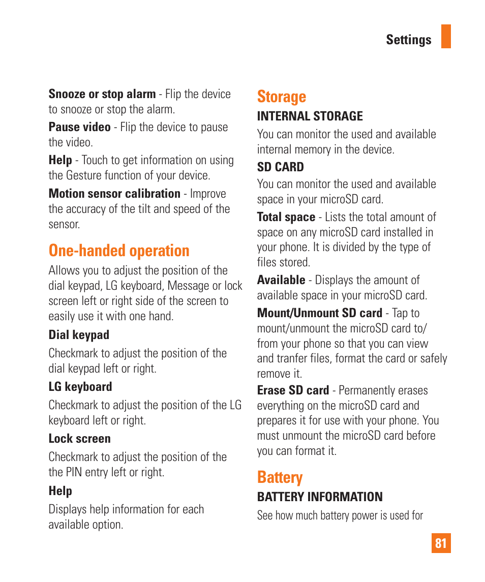 One-handed operation, Storage, Battery | One-handed operation storage battery | LG E980 User Manual | Page 81 / 122