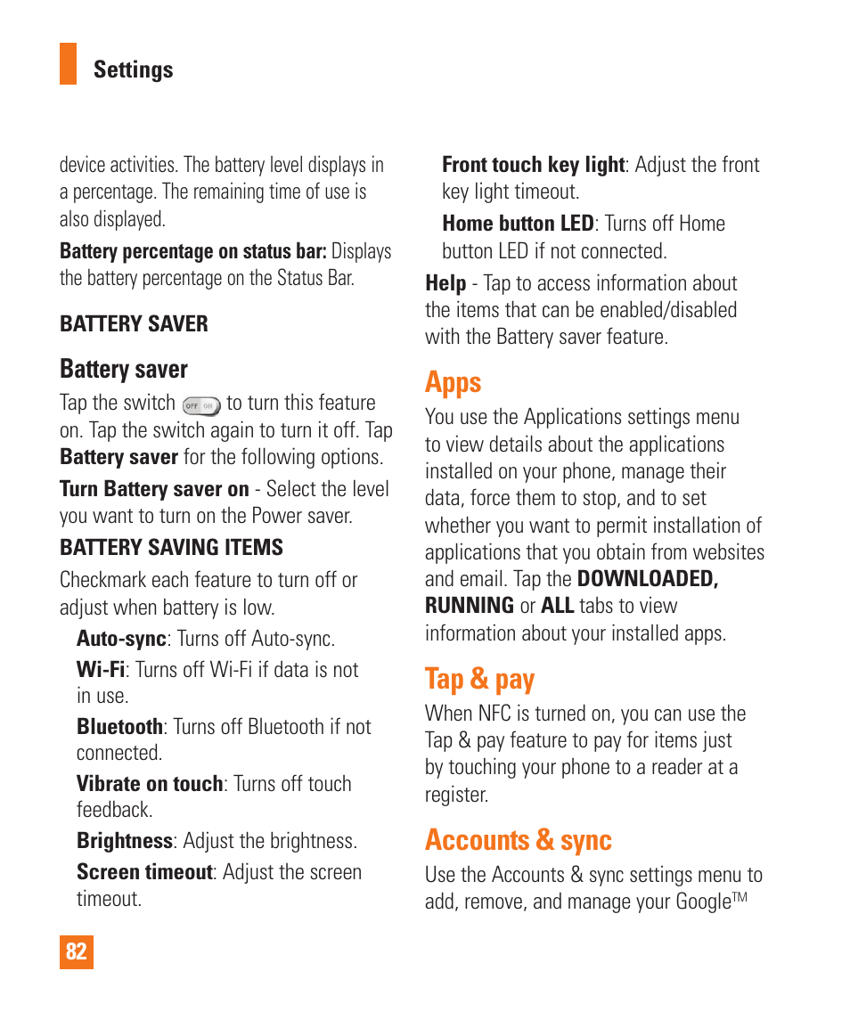 Apps, Tap & pay, Accounts & sync | Apps tap & pay accounts & sync, Battery saver | LG E980 User Manual | Page 82 / 122